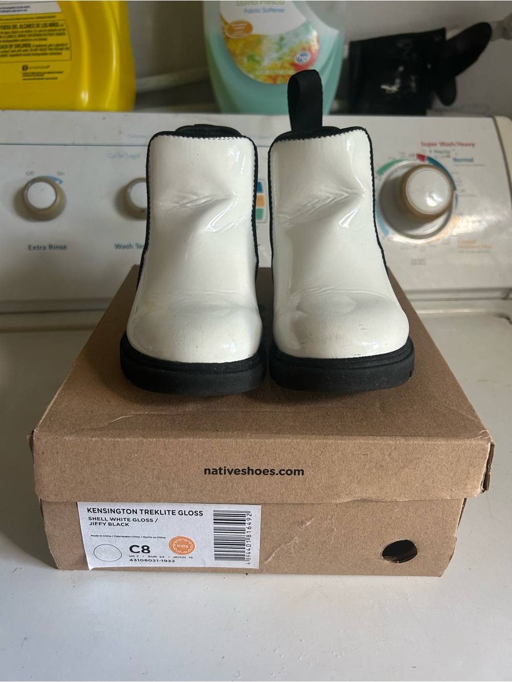Native Kids Glossy White Chelsea Boots with Black Soles